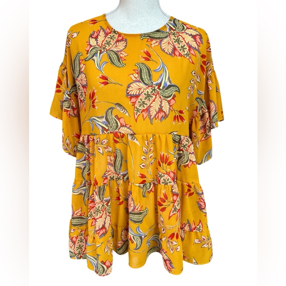 Honestee Orange Floral Chiffon Tiered Butterfly Flounce Sleeve Small Preowned